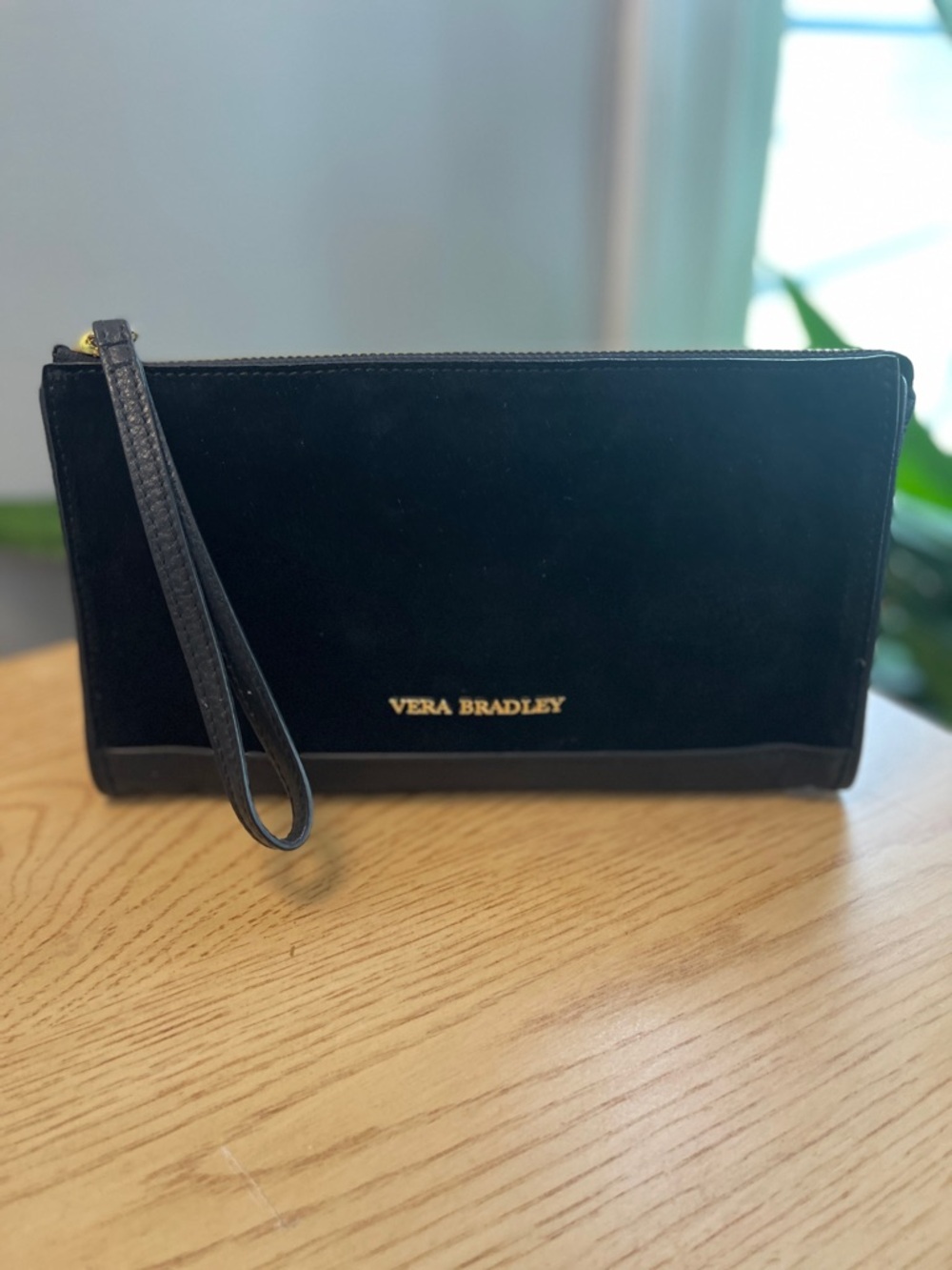 Vera Bradley Black Suede Wristlet with Gold Logo